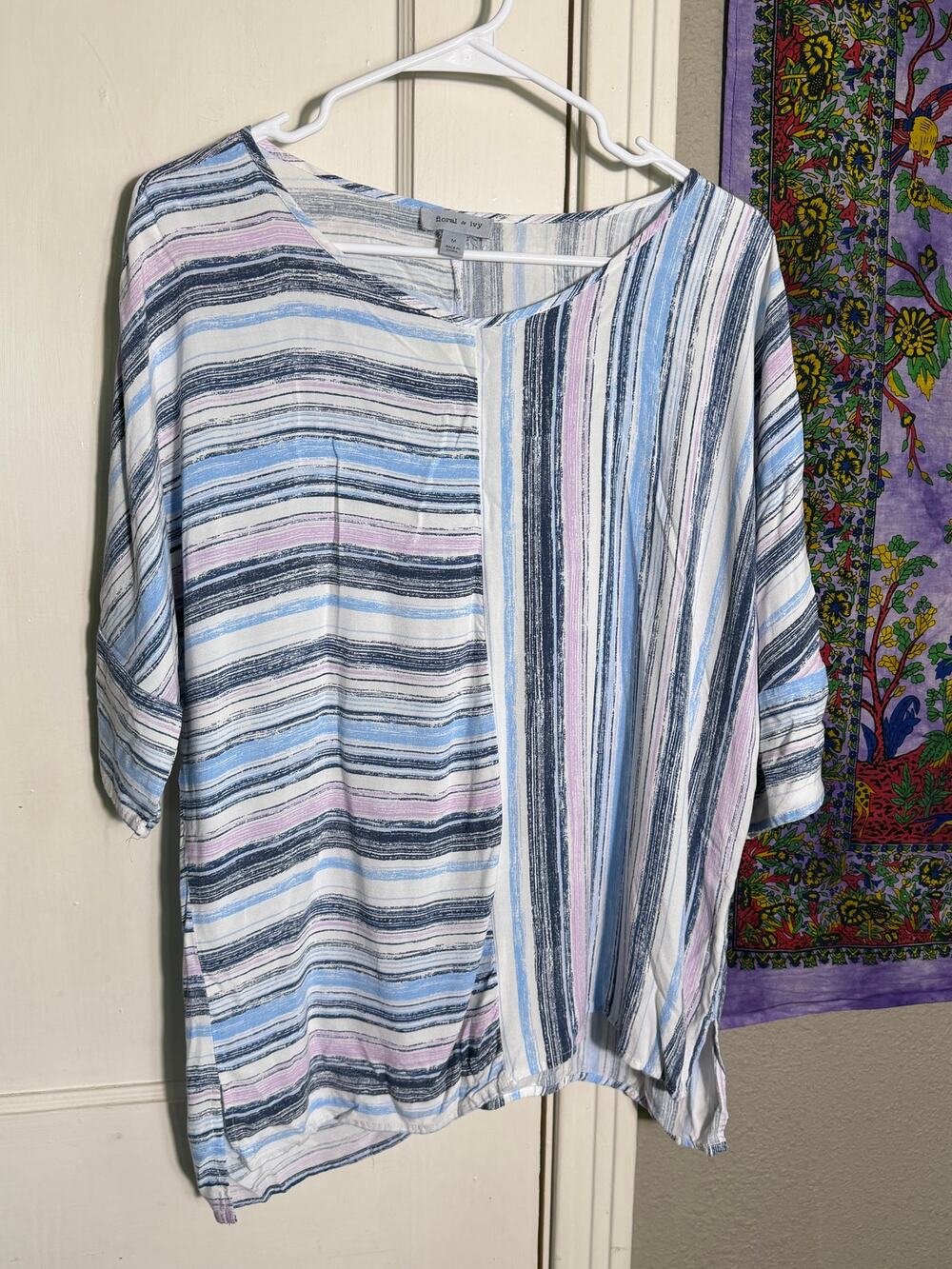 Floral & Ivy Striped Dolman Blouse M Blue Pink Oversized V Neck Boho Top